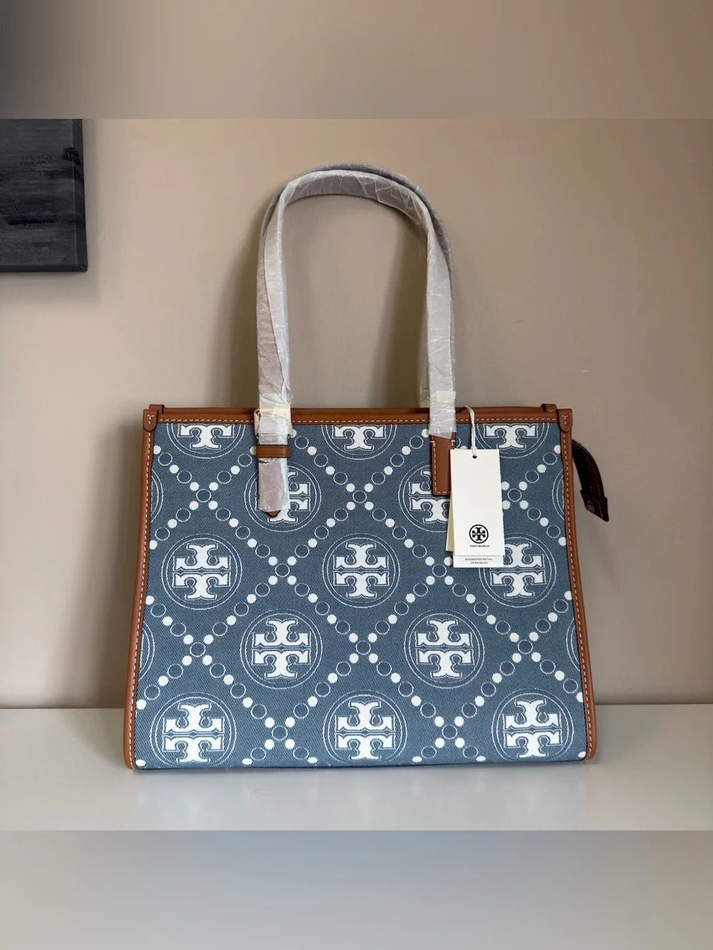 Tory Burch T Monogram blue and tan denim small tote detail