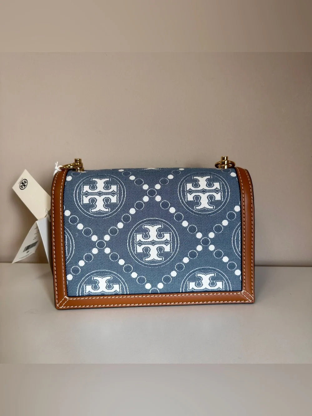Tory Burch T Monogram denim shoulder bag in blue and brown detail