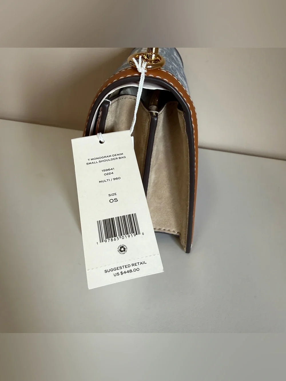 Tory Burch T Monogram denim shoulder bag in blue and brown detail