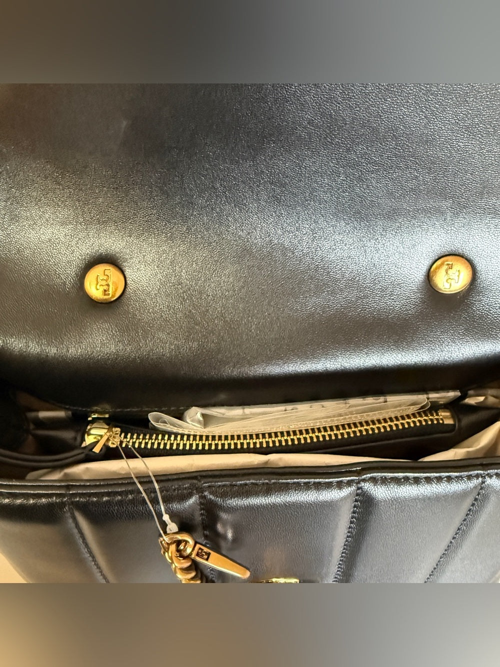 Tory Burch Kira 83943 black quilted satchel detail