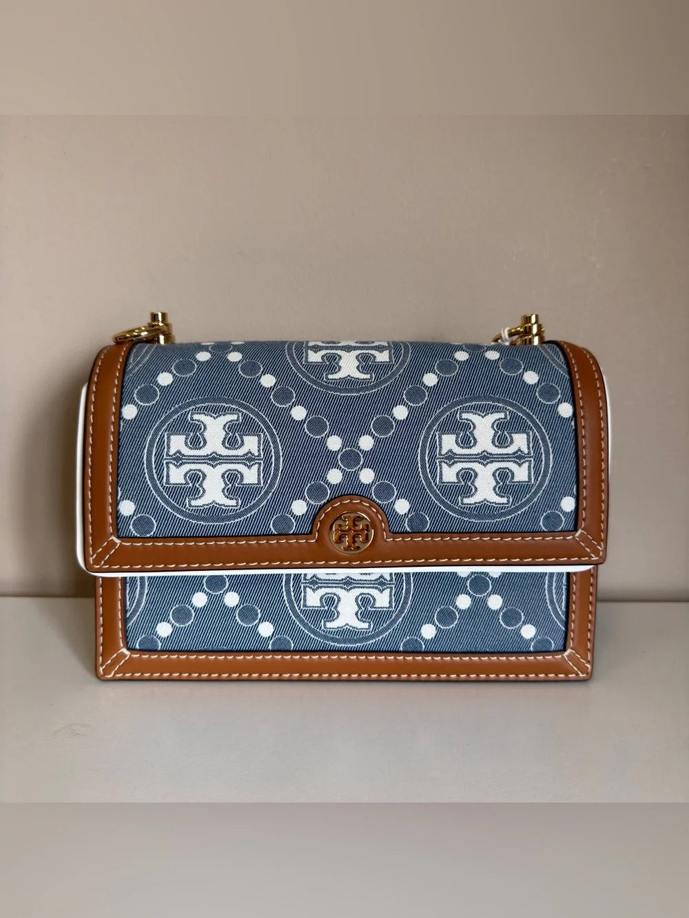 Tory Burch T Monogram denim shoulder bag in blue and brown detail