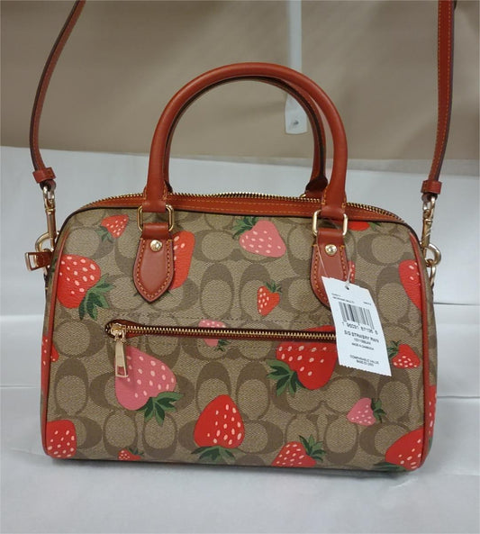 COACH CH511 Rowan Satchel Bag Signature Canvas Wild Strawberry Print - Khaki Multi