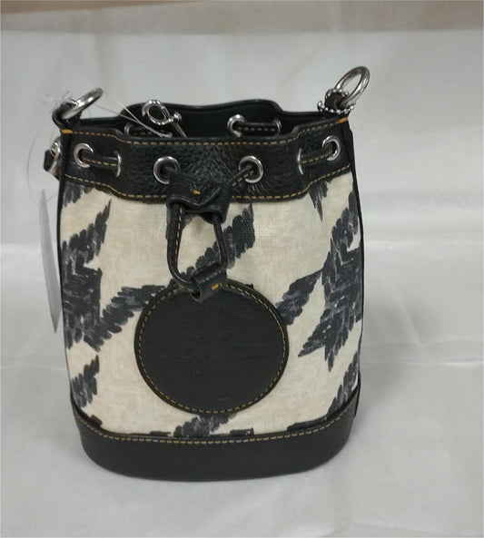 Coach CJ719 Mini Dempsey Bucket Bag With Houndstooth Print & Patch - Cream/Black