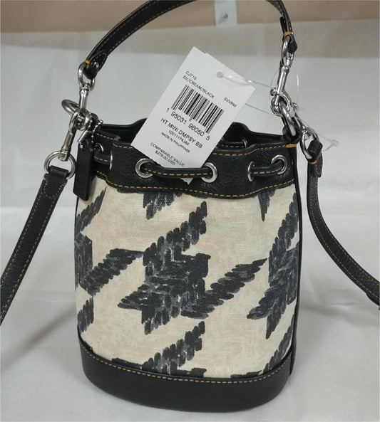 Coach CJ719 Mini Dempsey Bucket Bag With Houndstooth Print & Patch - Cream/Black