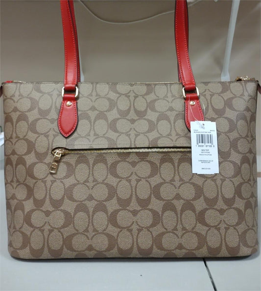 Coach CH504 Gallery Tote in Signature Canvas & Leather - Khaki / Electric Red