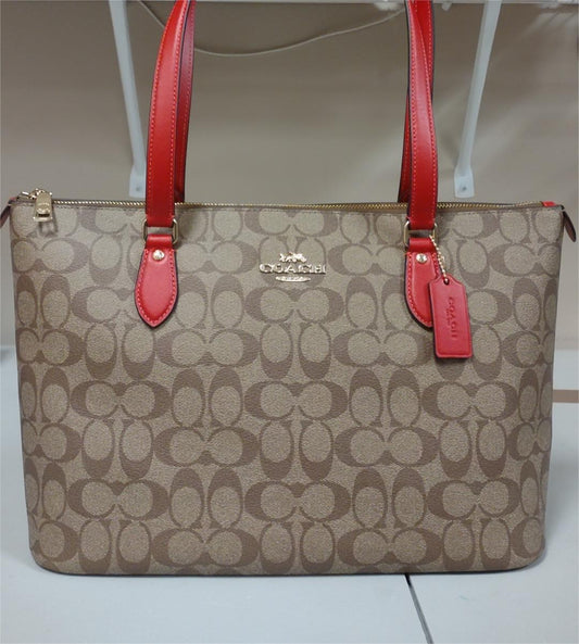 Coach CH504 Gallery Tote in Signature Canvas & Leather - Khaki / Electric Red