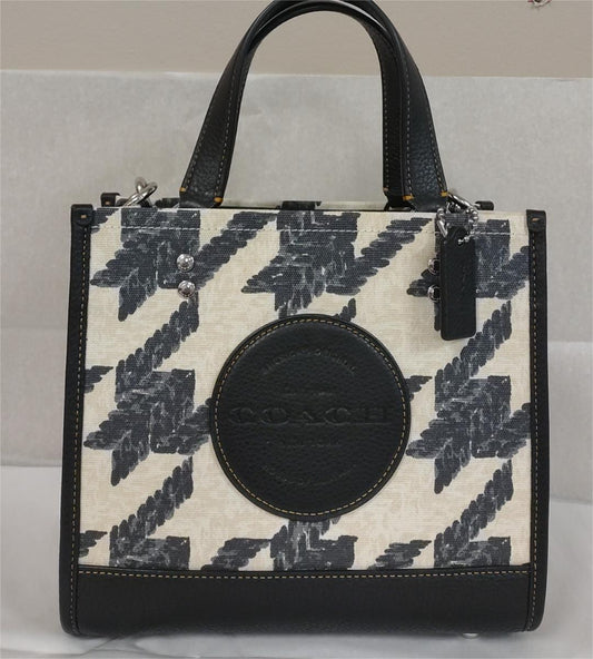 COACH CJ623 Dempsey Tote 22 Canvas & Leather Houndstooth Print Patch-Cream/Black