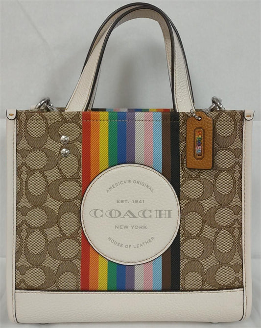 Coach CJ576 Dempsey Tote 22 Khaki Signature Jacquard Rainbow Stripe - Khaki Multi