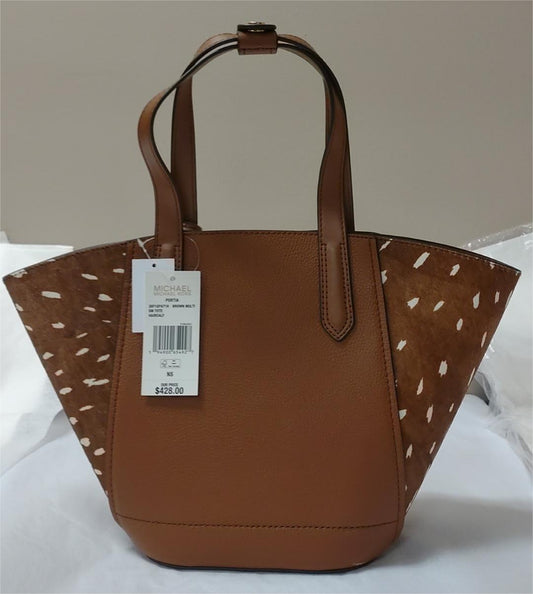 Michael Kors 35F1GPAT1H Portia Small Tote Brown Leather and Calf Hair - Brown Multi