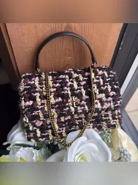 Tory Burch Kira black pink tweed chain wallet detail