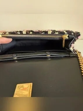 Tory Burch Kira black pink tweed chain wallet detail