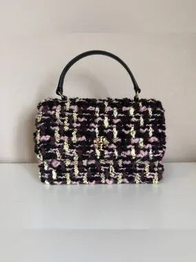 Tory Burch Kira black pink tweed chain wallet front view