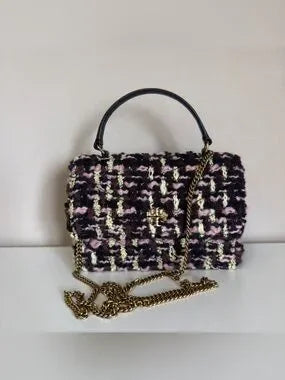 Tory Burch Kira black pink tweed chain wallet detail