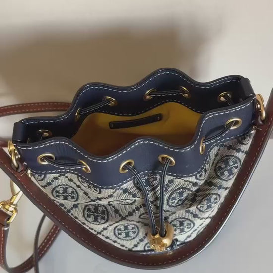 Tory Burch blue and brown mini bucket bag product video