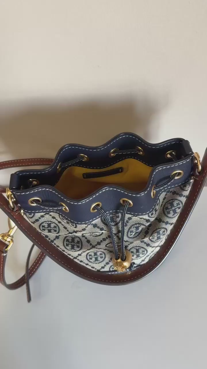 Tory Burch blue and brown mini bucket bag product video