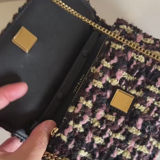 Tory Burch Kira black pink tweed chain wallet product video