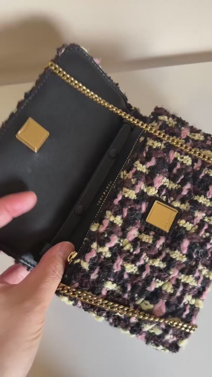 Tory Burch Kira black pink tweed chain wallet product video