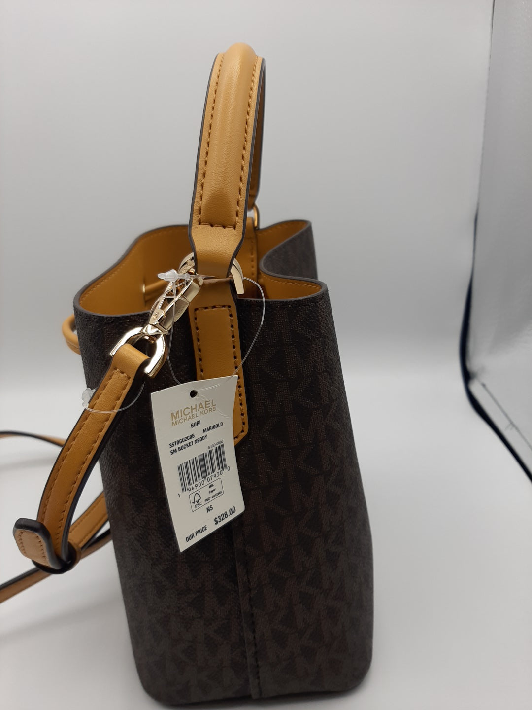 Michael Kors Suri Small Bucket Xbody Bag Brown Signature Canvas - Marigold