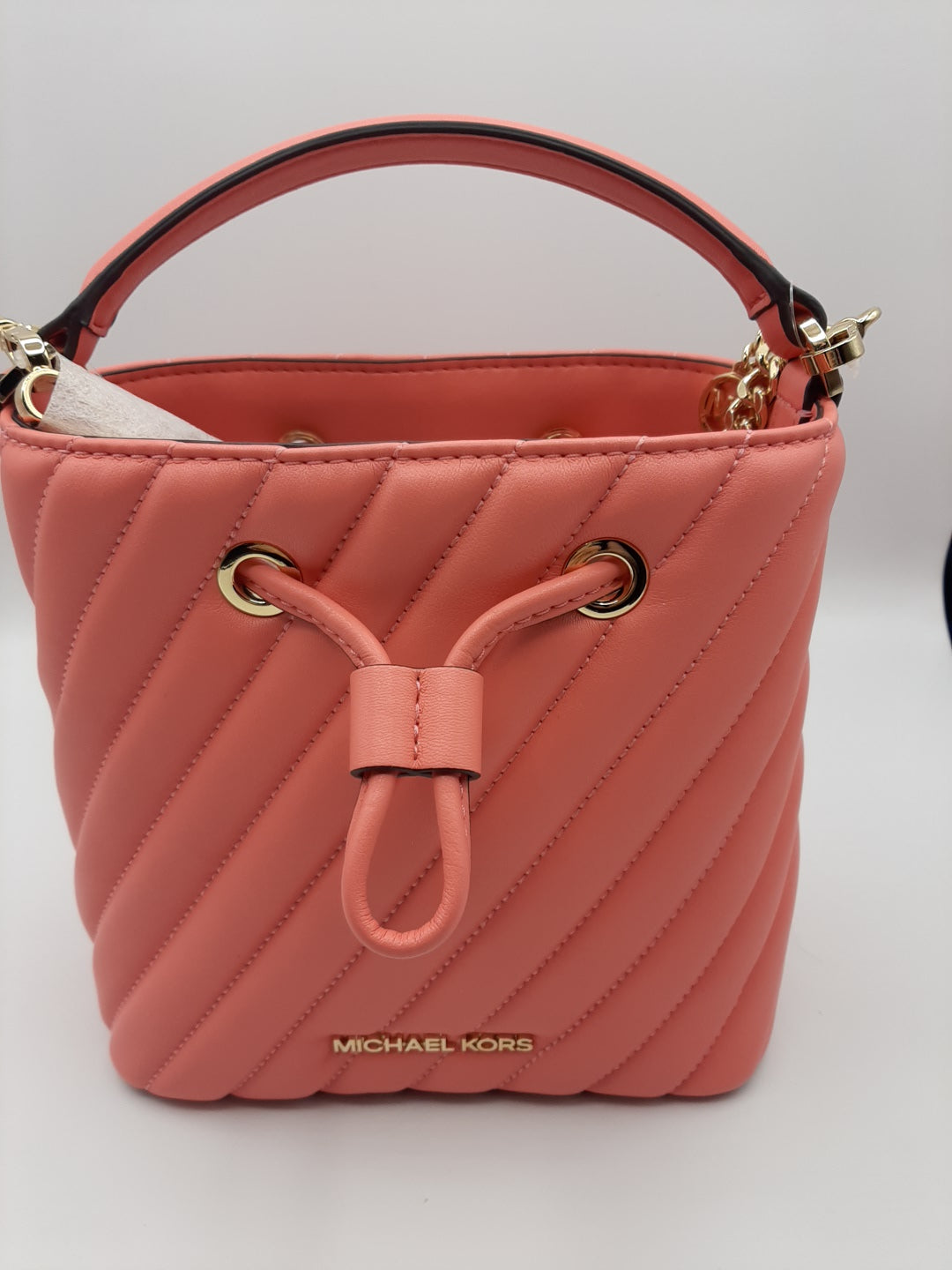 Michael Kors Suri Small Bucket Crossbody Bag Vegan Faux Quilted Leather - Grapefruit