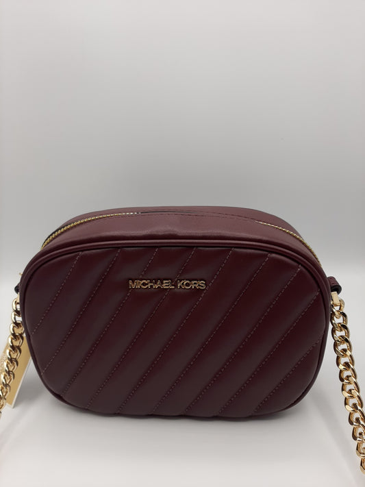 Michael Kors Rose Small Oval Camera Xbody Bag Quilted Vegan Faux Leather - Merlot