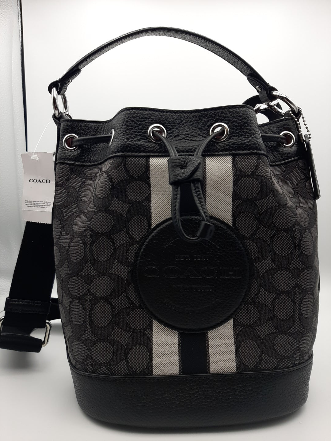 Coach Dempsey Drawstring Bucket Bag In Signature Jacquard With deals Stripe And patch