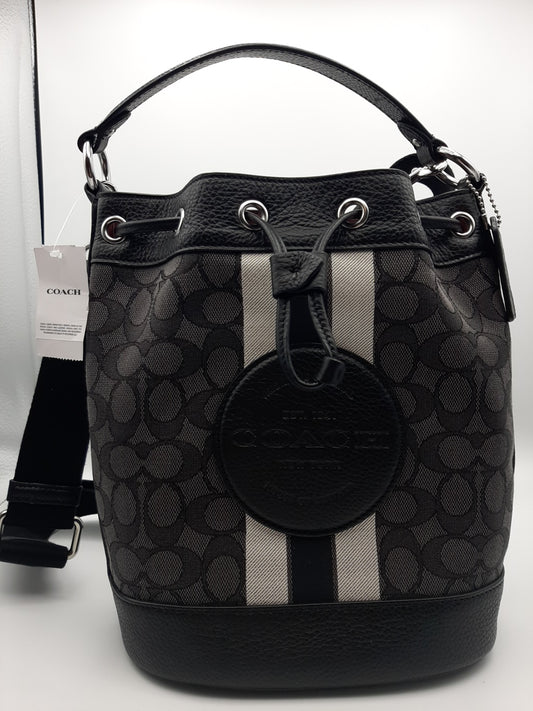 Coach Dempsey Drawstring Bucket Bag In Signature Jacquard with Stripe And Patch