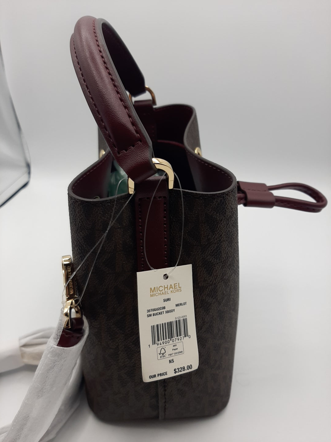 Michael Kors Suri Small Bucket Xbody Bag Brown Signature Canvas - Merlot