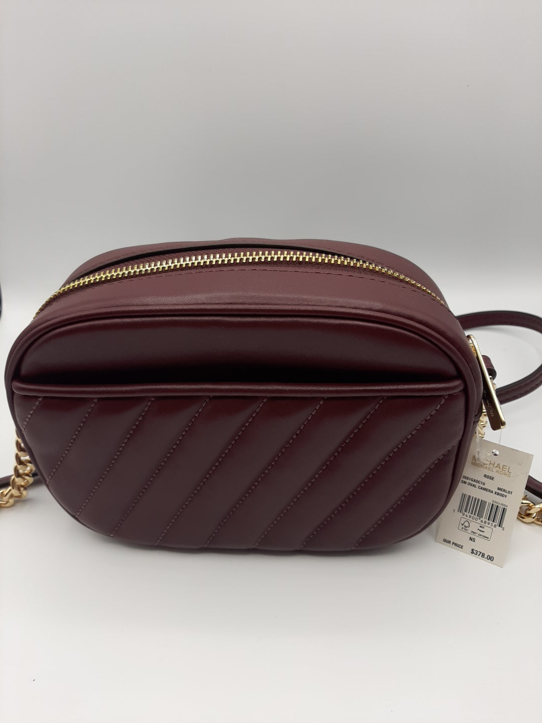 Michael Kors Rose Small Oval Camera Xbody Bag Quilted Vegan Faux Leather - Merlot