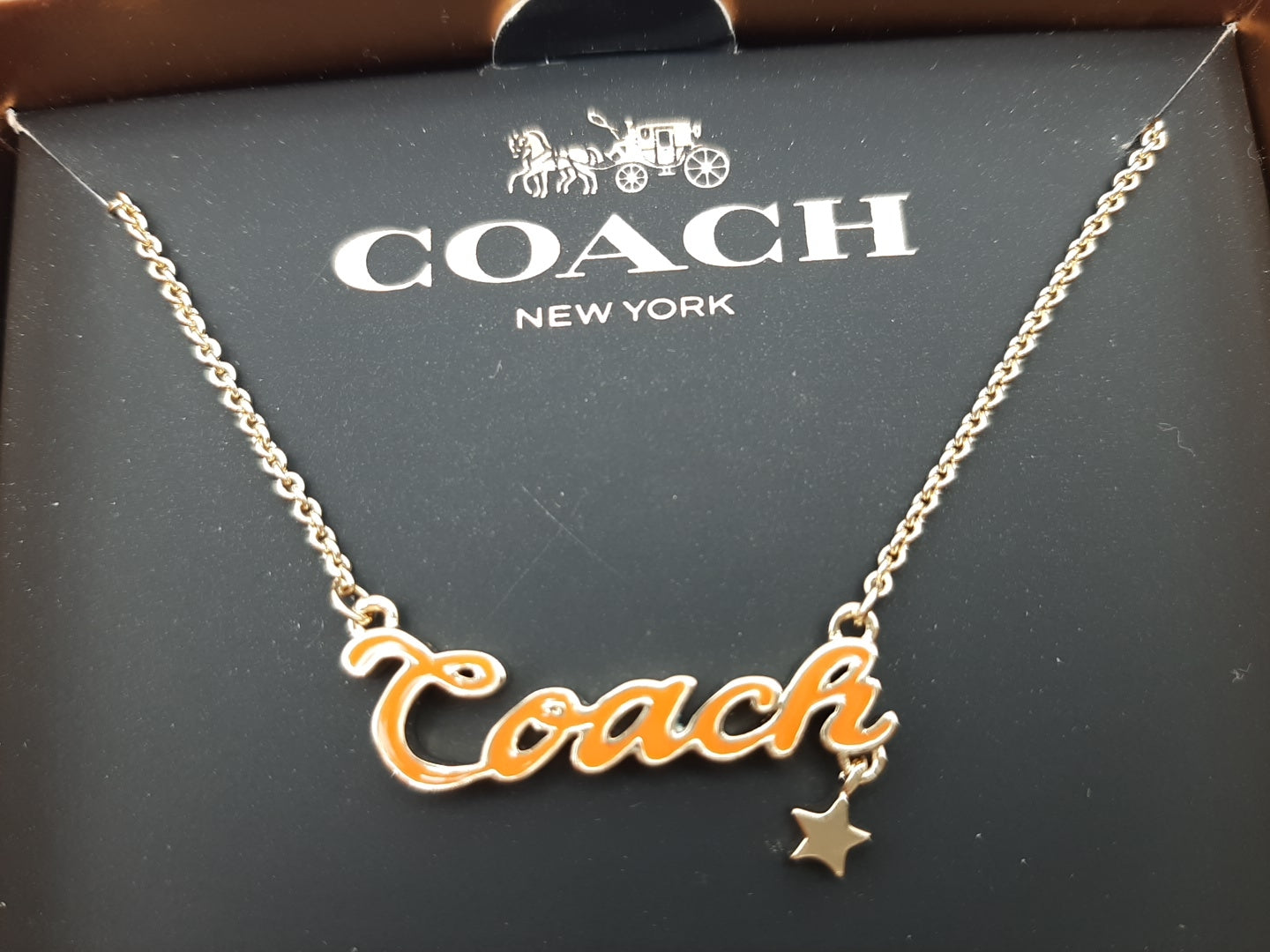 Coach F28879 Gold/Orange Enamel Coach Script Necklace -New with Box